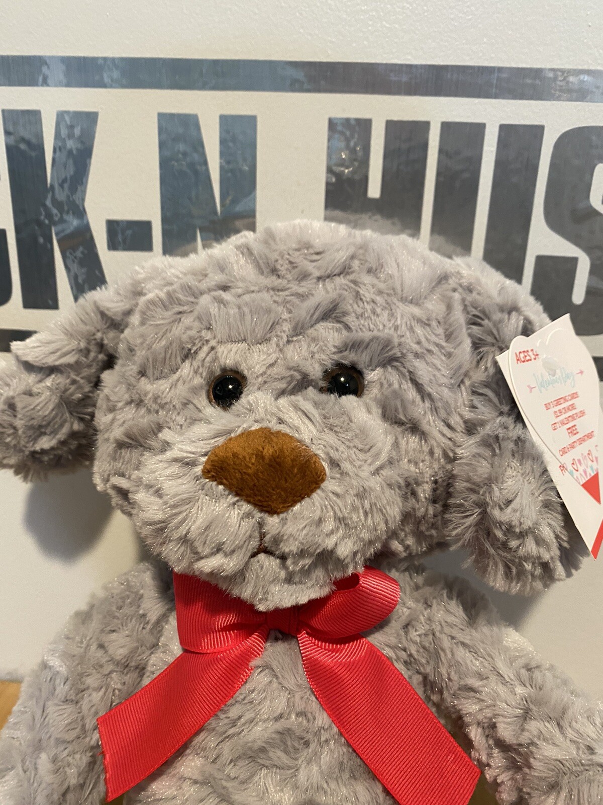nwt-dandee-stuffed-puppy-dog-gray-pink-bow-14-heart-paw-valentine-s