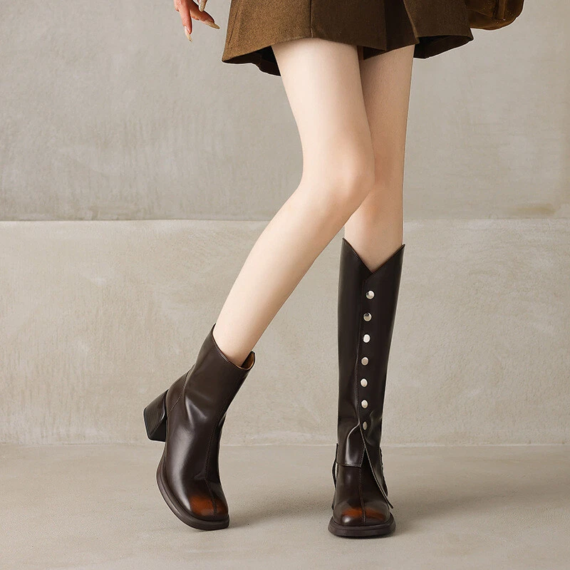 Zapatos para mujer Botas de cuero hasta la rodilla Elegantes Tacones gruesos Botas de caballero Foto 4 de 4