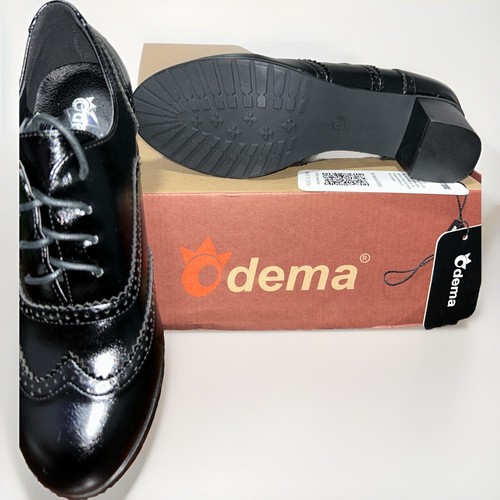 ODEMA Womens Brogue Lace Up Oxford Wing Tip Chunky Heels Patent Leather Shoes - Picture 4 of 5
