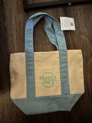 Trader Joe's Canvas Tote Bag Small Beige Blue Foldable Modern All-Over Pattern