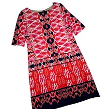 Eliza J Shift Dress Womens 14 Red Pink Ikat Geometric Mod EJ5M9141 Boho Retro