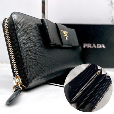 Prada Saffiano Leather Long Wallet Black Gold Logo Ribbon excellent gift
