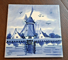 Vintage Delft-Style Blue & White Ceramic Tile Windmill Scene Holland Decor