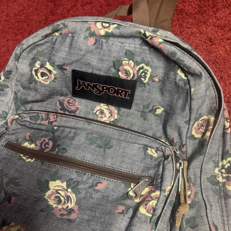 Mochila base vintage Jansport gris rosa floral de lona/gamuza Foto 3 de 4