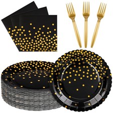 90 PCS Black Gold Plates Napkins Party Supplies Scalloped Polka Dot Serves 30