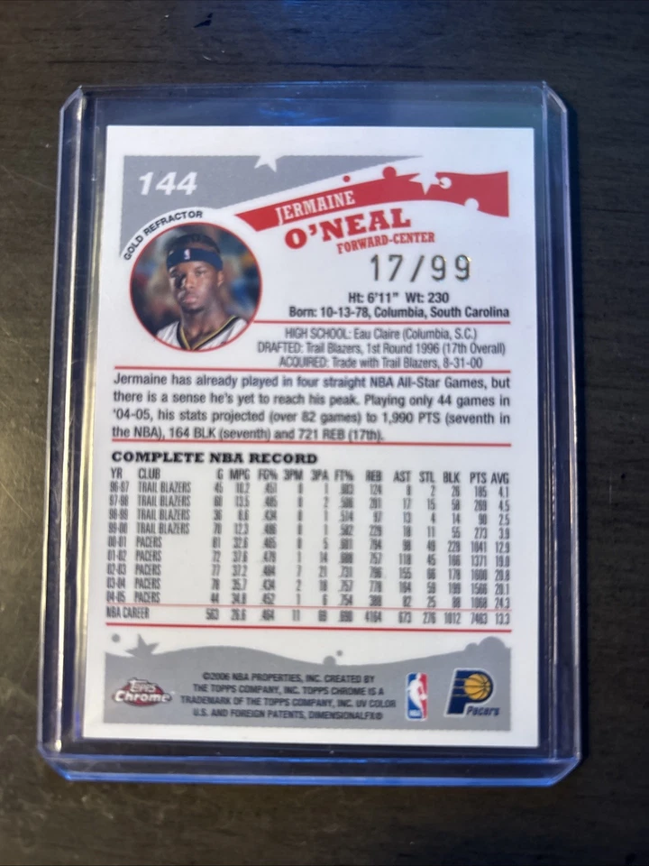 2005-06 Topps Chrome Jermaine O'Neal Refractor Gold #17/99 Pacers - Image 3 of 4