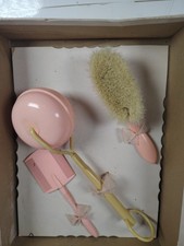 Vintage Baby Child Doll Brush Comb Rattle Set Double Sided Comb Pinkbox Damage