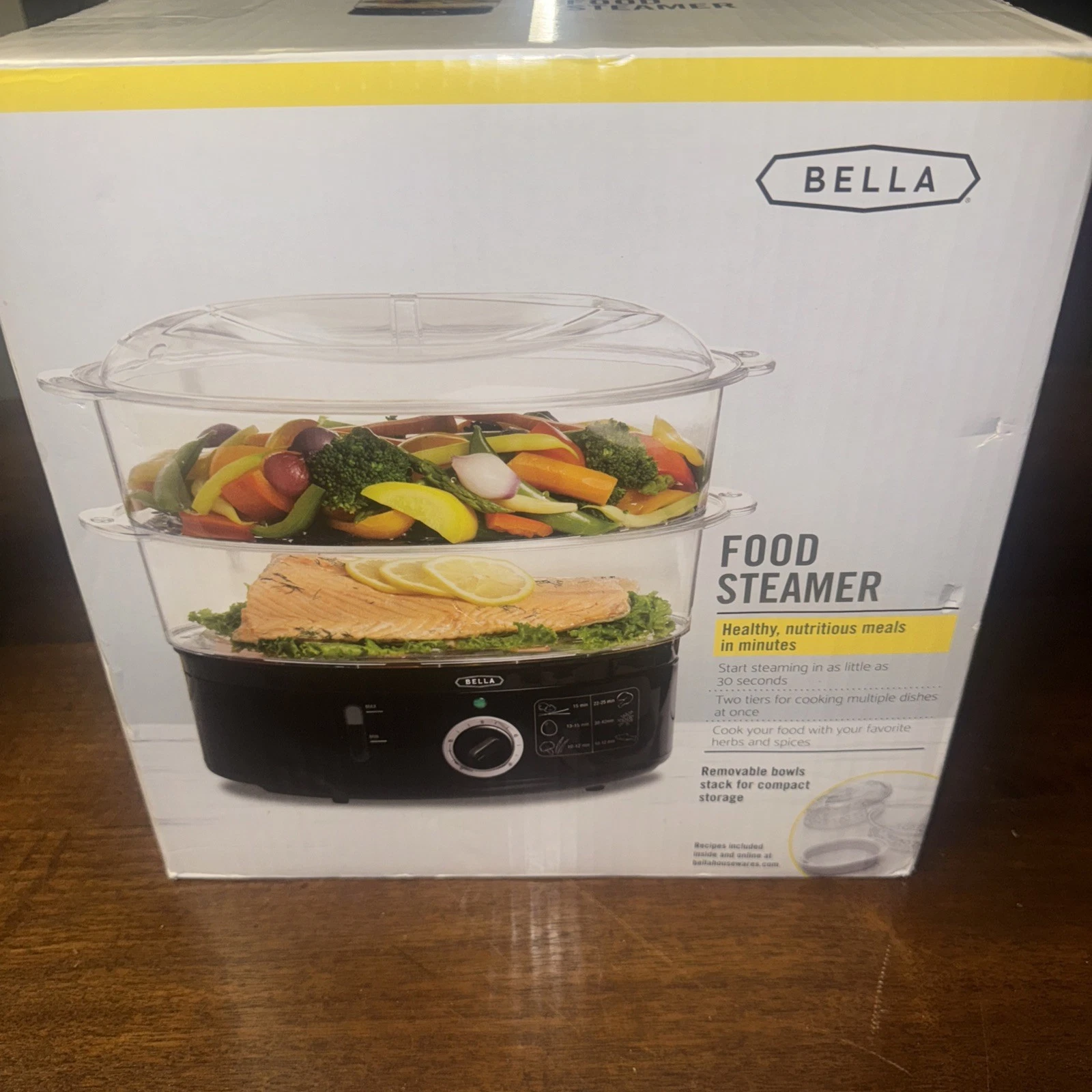 Bella Food Steamer 2-Tier Stackable Bowls Auto Shut Off 800 Watts New-Open box