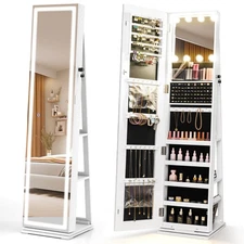 360° Swivel Jewelry Cabinet w/ Lighted Full Length Mirror & Back Shelves, Lights