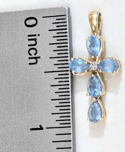 Vintage 14k Yellow Gold Blue Topaz Diamond Cross Pendant - Picture 4 of 4