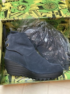 NIB Fly London Yama ''Deep'' (Blue) Suede Platform Wedge Booties 39