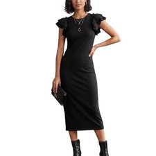 Express Black Ruffle Cap Sleeve Ribbed Knit Midi Sheath Dress Minimalist Medium