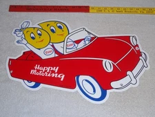 VINTAGE 1959 ESSO OIL DROP BOY GIRL CONVERTIBLE CAR 21" PORCELAIN METAL GAS SIGN