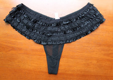 Vintage Victoria's Secret Black Lace Ruffle Thong Panties Size LARGE