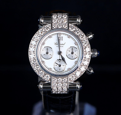 Chopard 32mm Imperiale 18k White Gold Pave Diamond Chronograph Quartz Watch 4143