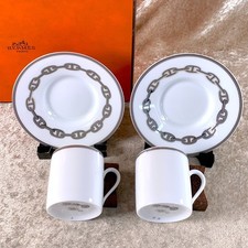 Hermes Paris Demitasse Cup Saucer CHAINE D'ANCRE PLATINUM 2 Sets Tableware w/Box