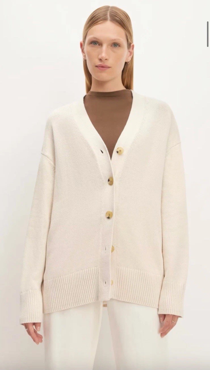 Everlane The 100% Organic Cotton Cardigan Cream XS Tight Knit Heavy V Neck