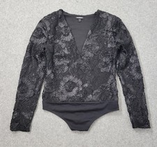 Express Lace Puffed Sleeve Bodysuit Women Medium Black Floral 3D Whimsy Goth Y2K
