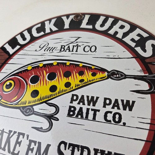 Vintage Lucky Lures Sign - Fishing Paw Paw Co Ad Gas Pump Porcelain Sign - Picture 11 of 14
