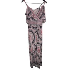 London Style Collection Maxi Dress 4 Pink Black Cold Shoulder Mandala Print Boho
