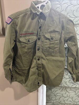 Vintage Olive Green BSA Boy Scout Long Sleeve uniform shirt  V51a