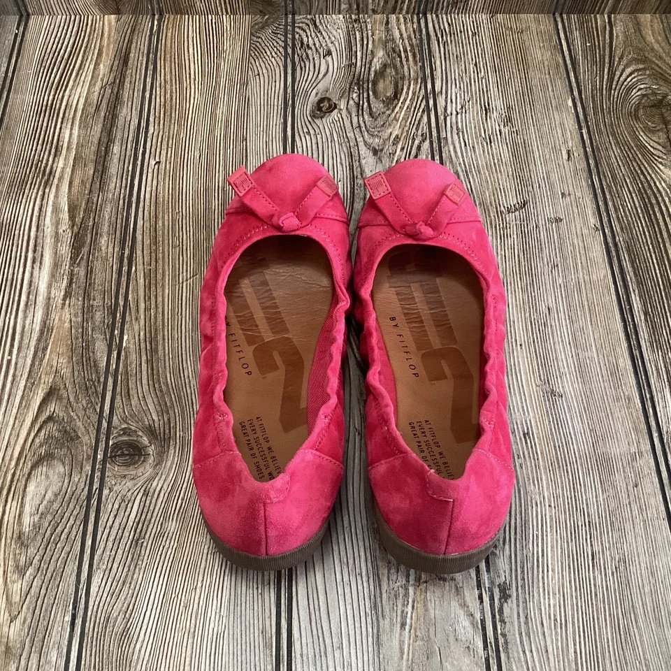 Zapatos planos de ballet FitFlop FF2 talla US 6,5 rosa gamuza moño sin cordones para mujer cómodos Foto 3 de 4