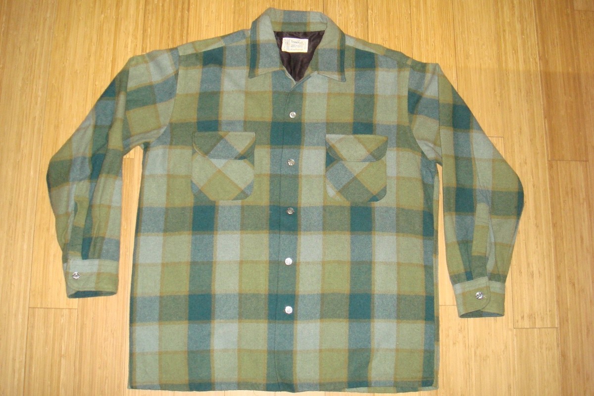 Vtg 50s PENNEYS TOWNCRAFT Green Plaid Loop Collar Work Shirt Vtg 50s PENNEYS TOWNCRAFT Green Plaid Loop Collar Work Shirt