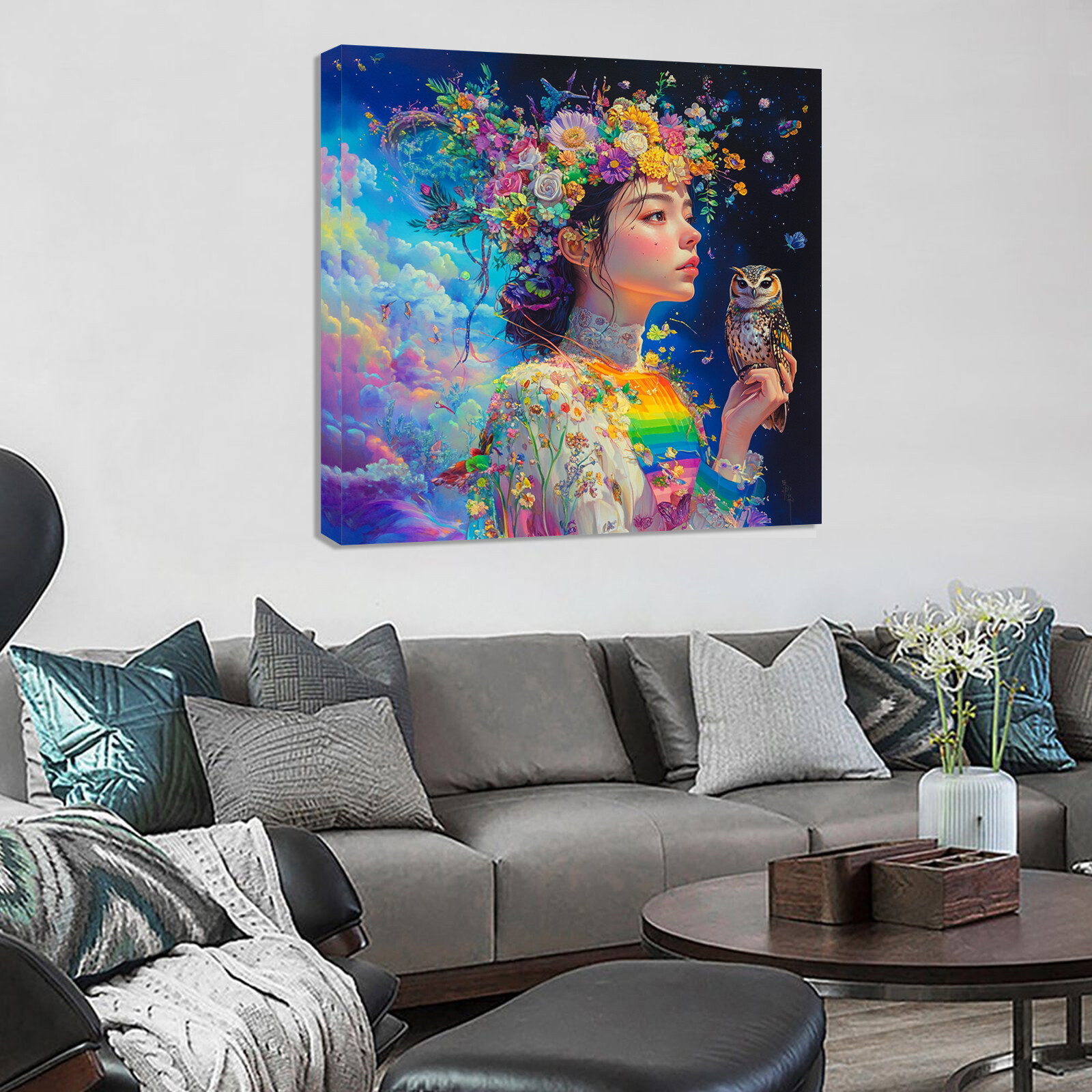 Dream Girl Poster Prints Wear Colorful Flowers on Their Heads Canvas Wall Art 35