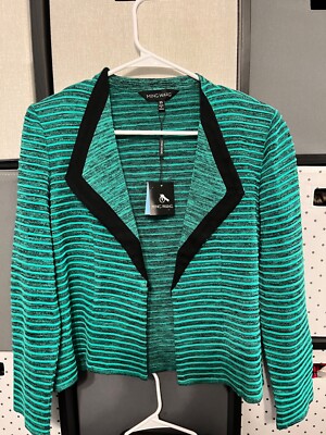 Ming Wang Teal Green Striped Black Open Front Knit Cardigan Jacket Sz XS Lapel