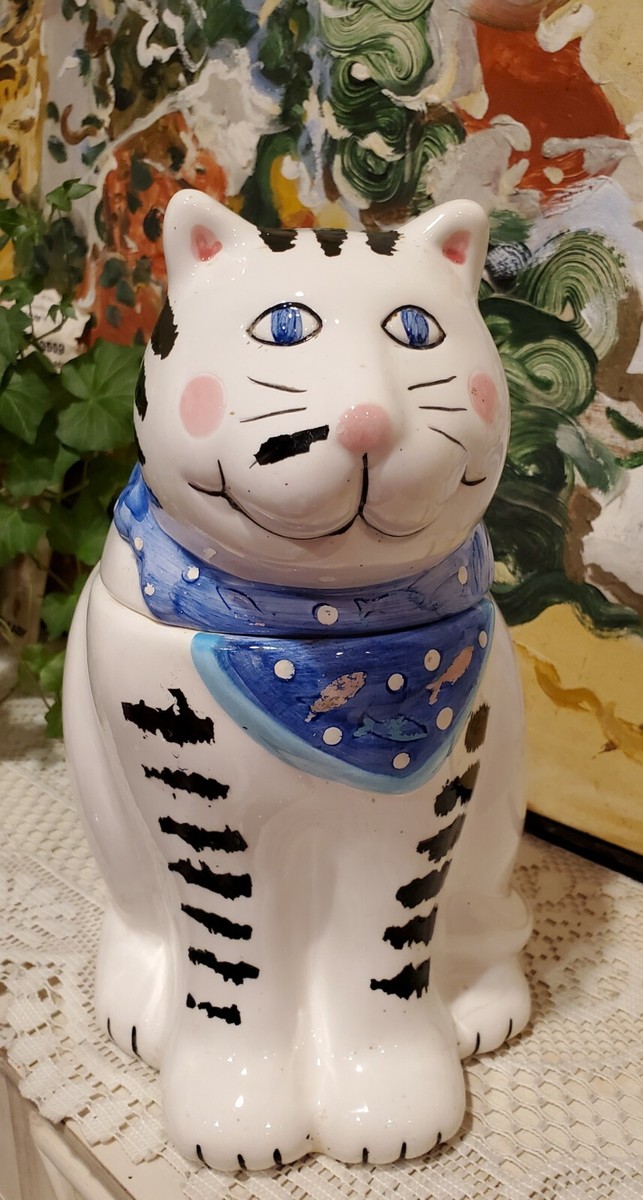 CoCo Dowley Cat Cookie Jar 1990 Blue Scarf Certified International