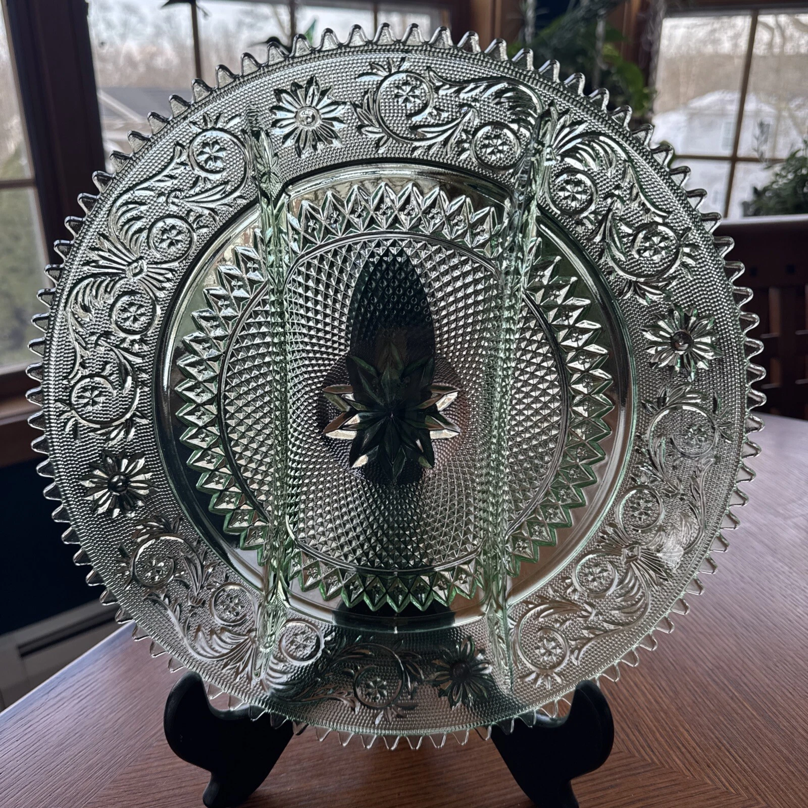 Vintage Tiara Sandwich Glass Chantilly Green Divided Serving Plate~12”~Spring