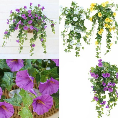 Artificial Fake Silk Hanging Plants Basket Morning Glory Flowers Vine Home Decor