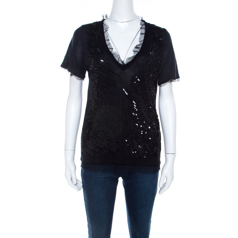 RED Valentino Black Knit Sequined Lace Trim V Neck Top S | eBay