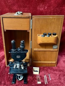 Antique Spencer Model 44 Microscope Buffalo USA w/ Wood Case, Accessories