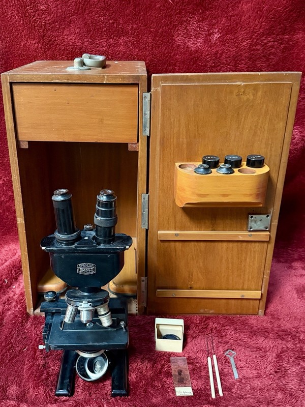 Antique Spencer Model 44 Microscope Buffalo USA w/ Wood Case, Accessories
