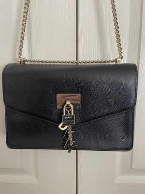 DKNY Elissa Crossbody Shoulder Bag Black Leather Gold Hardware & Bag Charms Lock