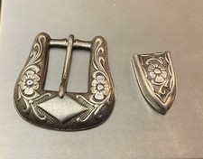 Vintage Cowboy Southwestern Sterling Silver Belt Buckle & Tip Flowers 17 grams