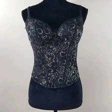 Cacique Lace Corset 38 C Black Gold Lace Bustier Underwire Boning Velet Accents