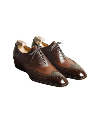 Handmade Genuine Leather Wingtip Brown Oxford Lace Up Office Dress Shoes For Men