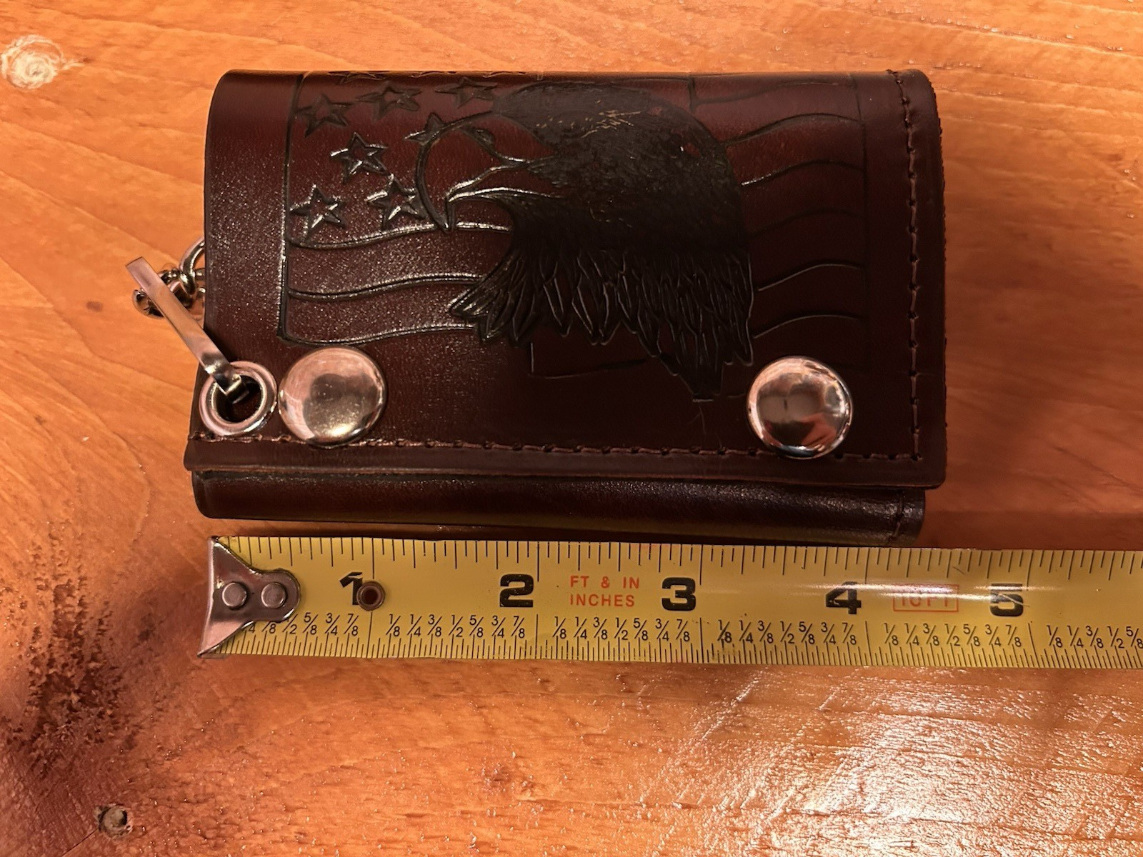 Antiqued Leather Chain Trifold Wallet with Deer Image...Made in USA...Ships Free