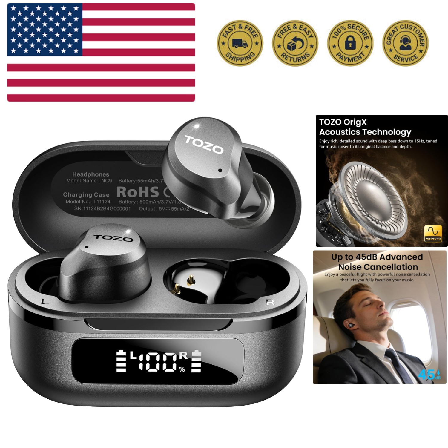 NC9 Hybrid Active Noise Cancelling Wireless Earbuds, 6 Mics ENC Clear Call, W...