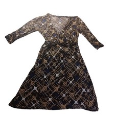 New York & Company Faux Wrap Dress Womens Large Brown Blue Geometric 3/4 Sleeve