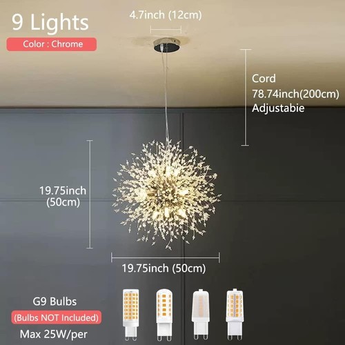 Mivenda Modern Crystal Chandeliers 9-Light Chrome Dandelion Firework - Picture 3 of 13