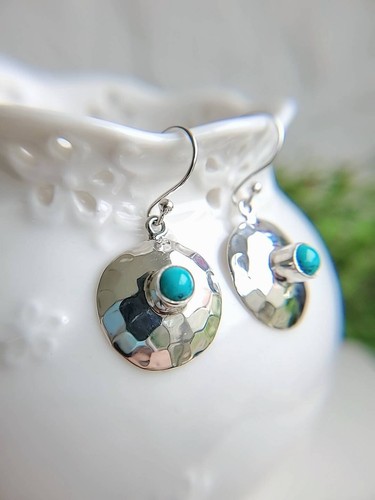 Hammered Turquoise Natural Stones Sterling Silver 925 Drop Statement Earrings - Picture 5 of 9