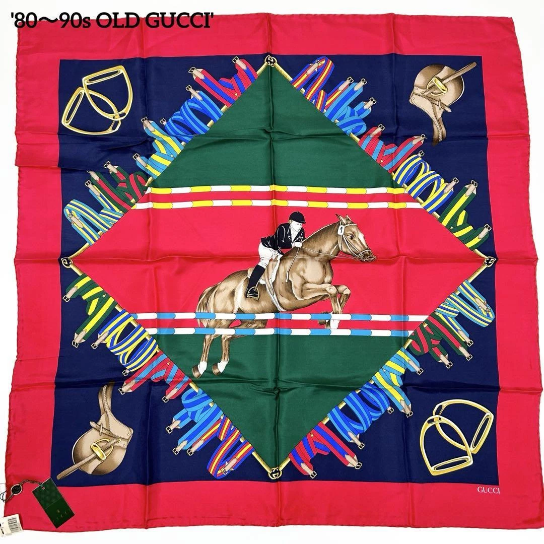 Gucci Foulard Rouge Marine Soie Jockey, Motif Cheval Femme Italie 112758