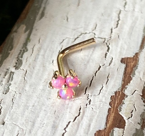 1pc Solid 14kt Yellow or White Gold 20g Trinity Synthetic Opals L-Bend Nose Ring - Picture 16 of 17