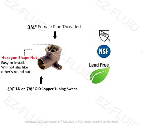 Codo de oreja caída 3/4" C X FIP, oreja caída Sweat X FIP 90, cobre latón sin plomo. - Imagen 4 de 12