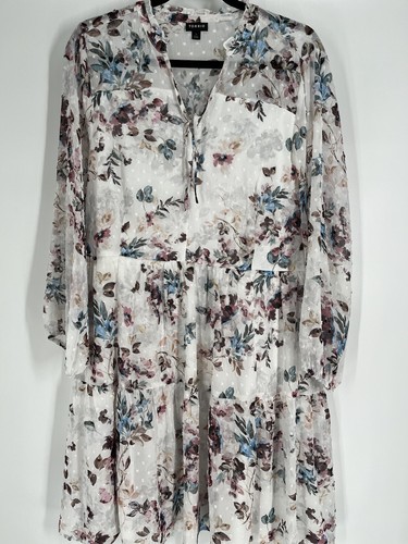 TORRID size 1 ivory floral skater dress 3/4 sleeve sheer lined ruffled hem vneck - Picture 2 of 13