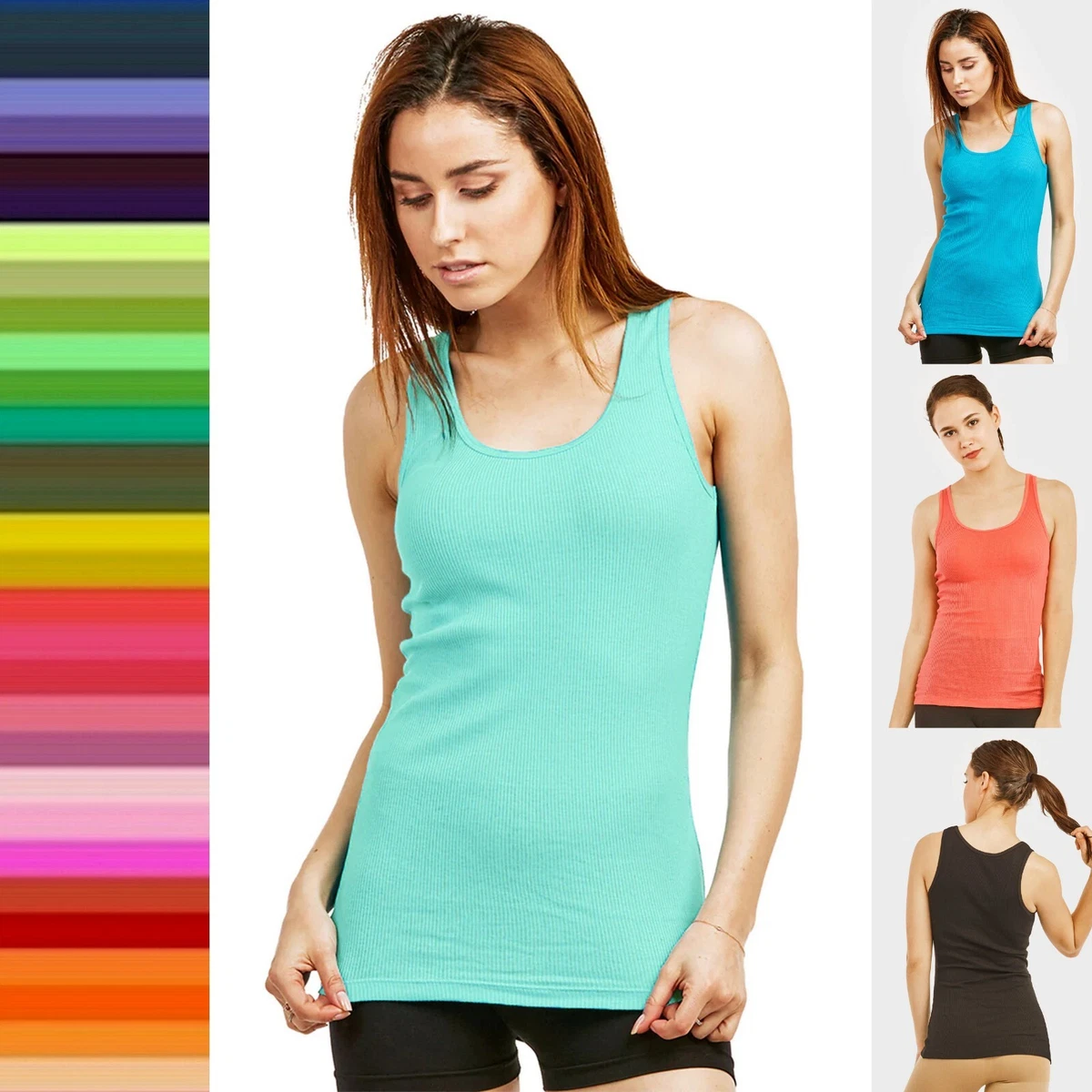 Women's Stretch Cotton Ribbed Muscle Back Thick Strap Sleeveless Tank Top  TT200