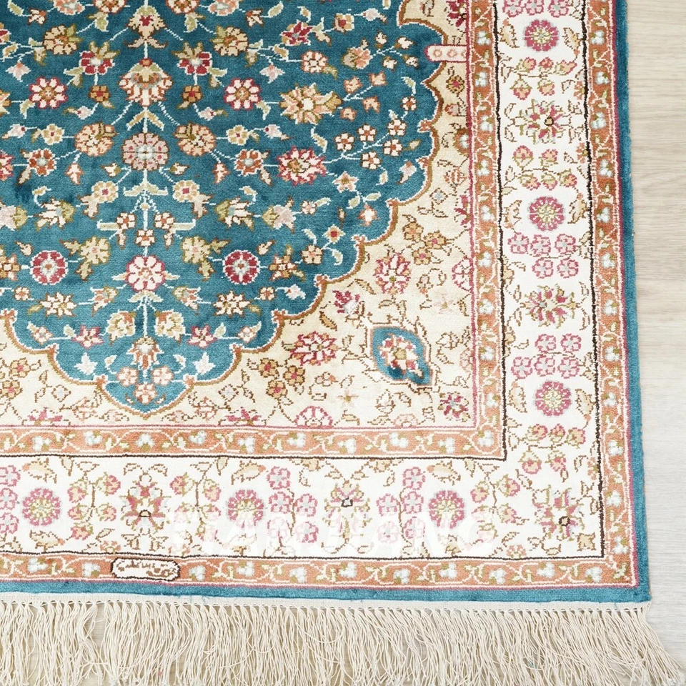 2.5x4ft Blue Handwoven Silk Carpet Home Decor Indoor Leaf Pattern Rug HF190B - Image 4 of 4